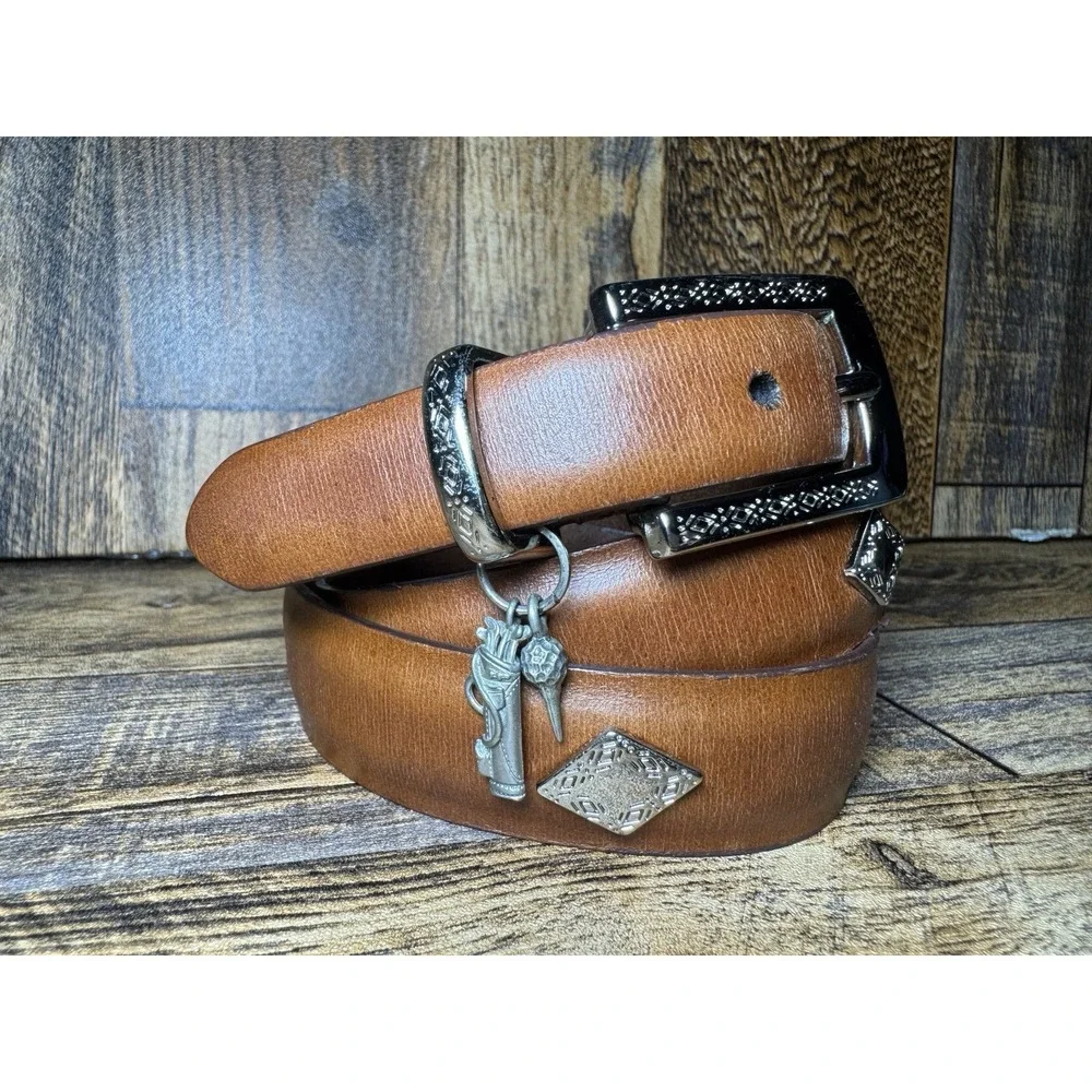 Footjoy Womens Golf Belt Sz M Brown Leather‎ Silver Concho Bag Tee Ball Dangles